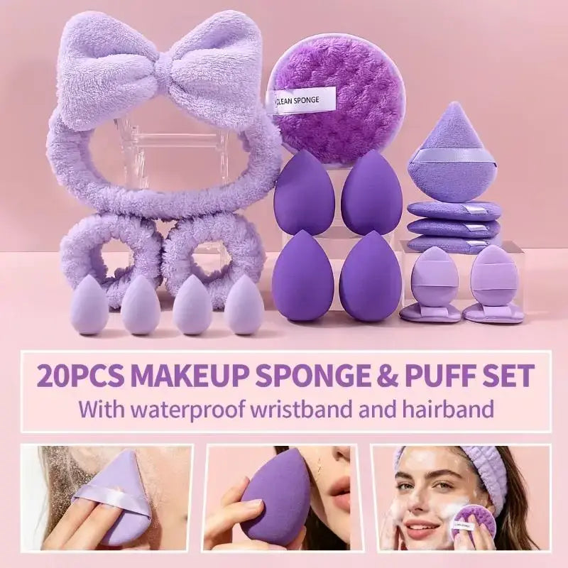 A plush lavender hairband with bow design for natural makeup application in a makeup tool set