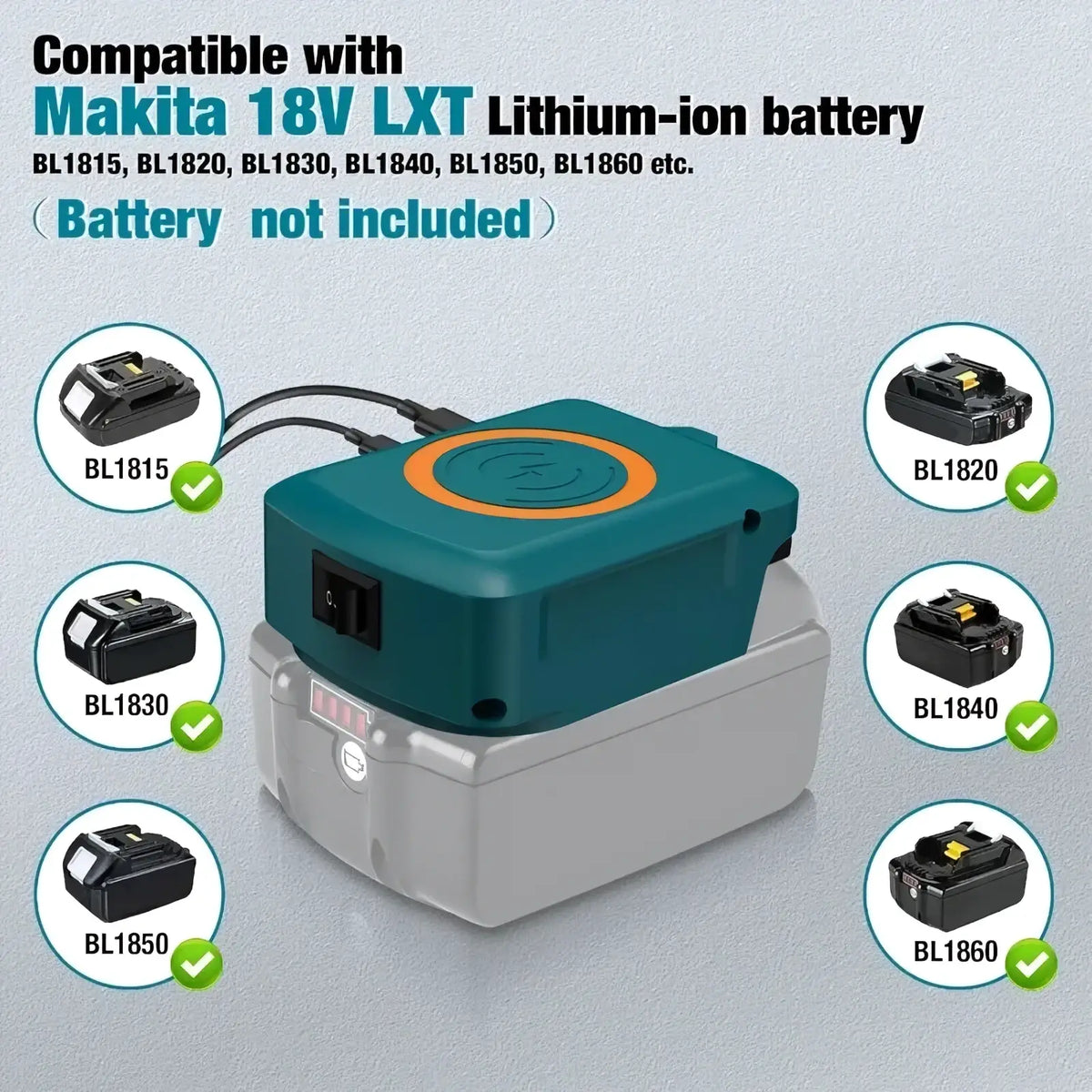 Teal and gray Makita 18v lxt wireless battery charger with 15w power and orange circular accent on top