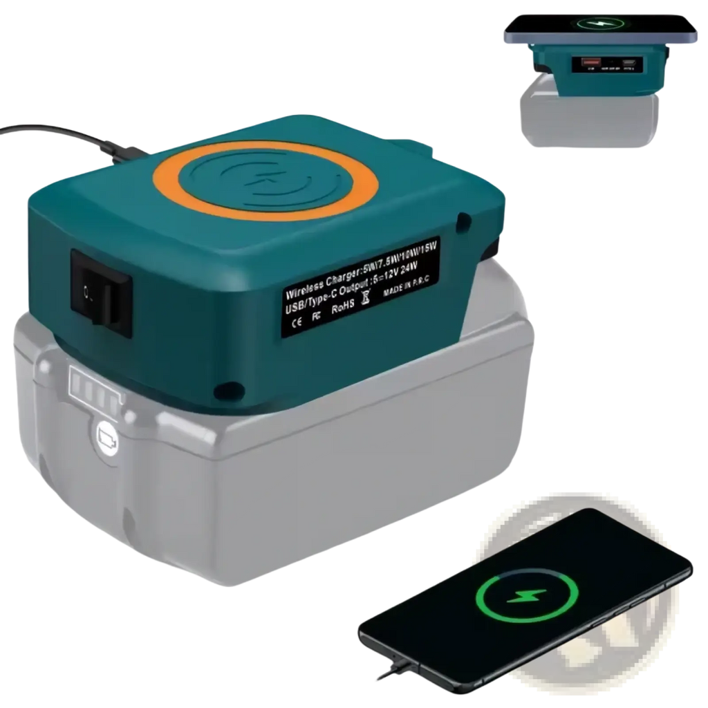 Teal and gray Makita 18v wireless charging battery pack with orange circular accent for 15w fast charging