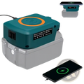 Teal and gray Makita 18v wireless charging battery pack with orange circular accent for 15w fast charging