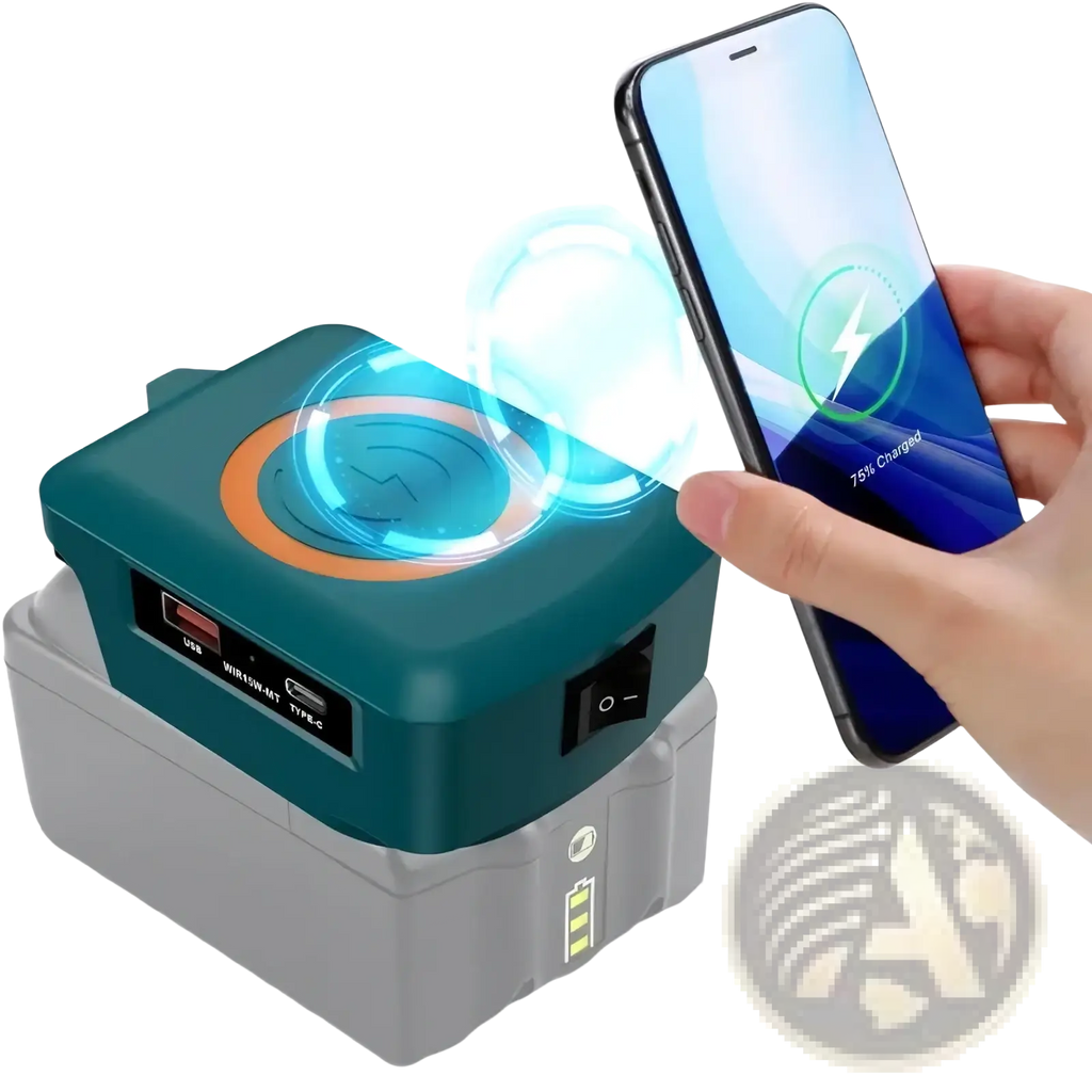 Makita 18v battery wireless charger in teal and gray with multiple ports and 15w fast charging capability