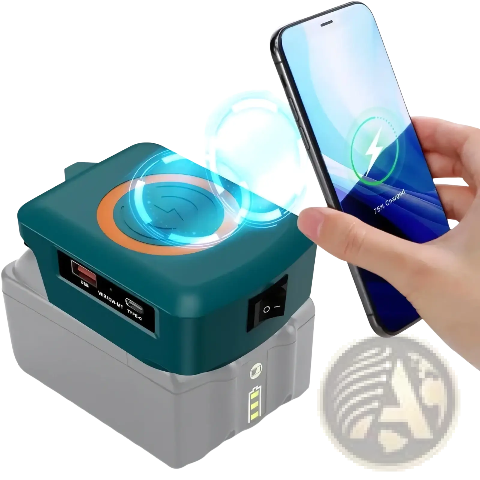 Makita 18v battery wireless charger in teal and gray with multiple ports and 15w fast charging capability