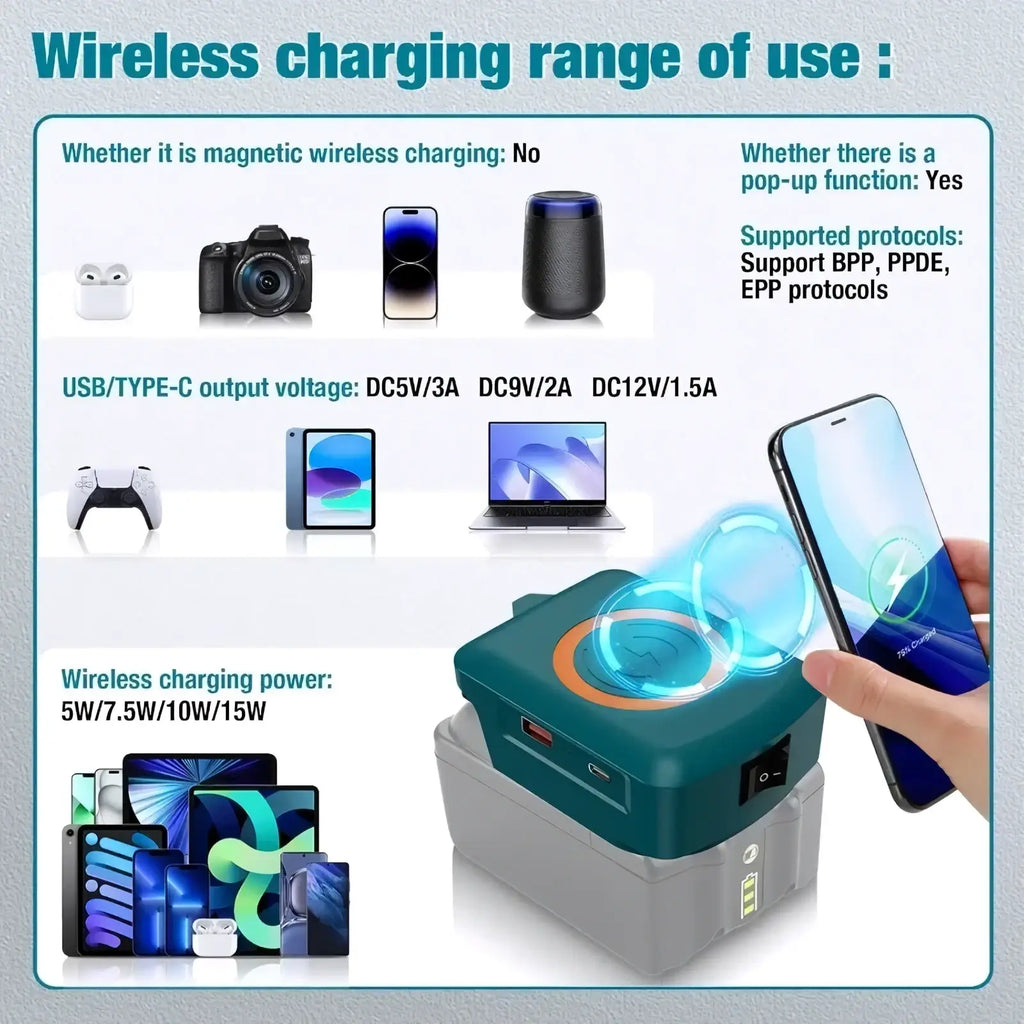 Makita 18v battery wireless charger 15w in teal and gray with a pop-up function for convenient charging