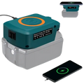 Teal and gray Makita 18v wireless charging battery pack with orange circular accent for 15w fast charging