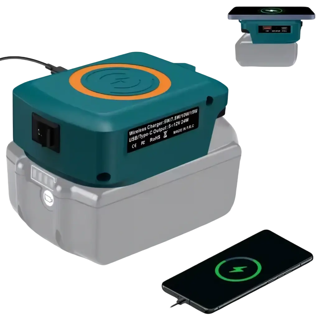 Teal and gray Makita 18v wireless charging battery pack with orange circular accent for 15w fast charging