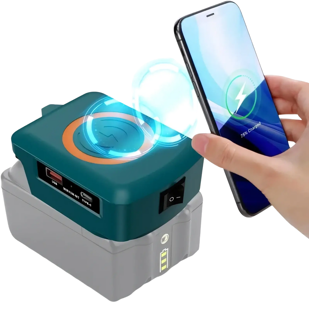 Makita 18v battery wireless charger in teal and gray with multiple ports and 15w fast charging capability