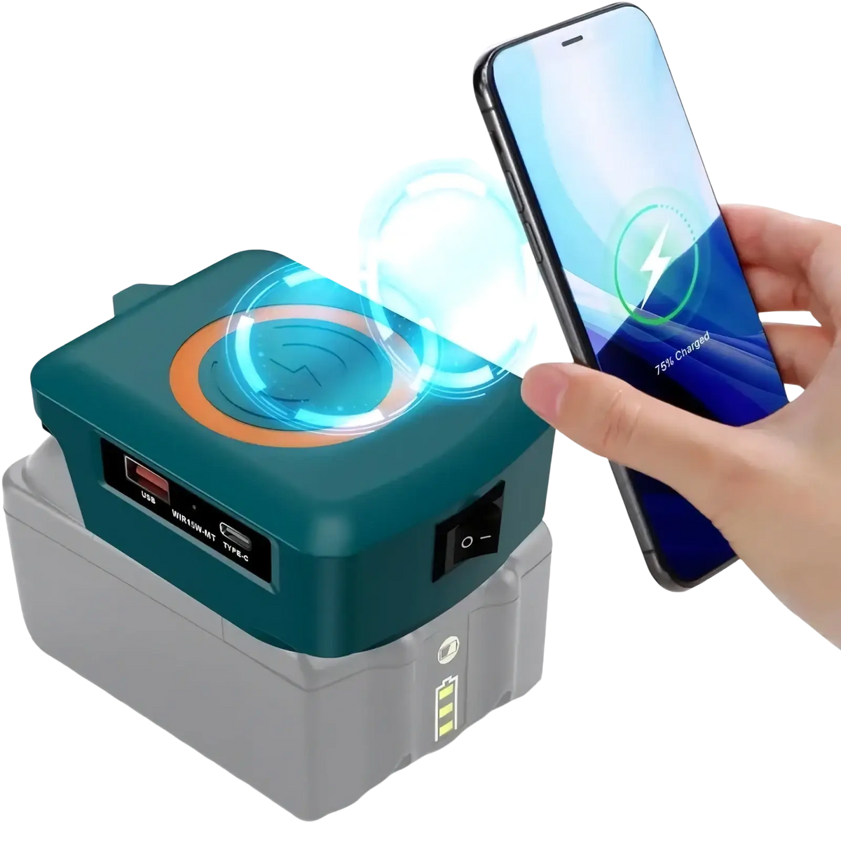 Makita 18v battery wireless charger in teal and gray with multiple ports and 15w fast charging capability