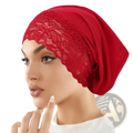 Red lace-trimmed Malaysian lace hijab cap with soft flowing fabric and delicate floral embroidery for breathable comfort