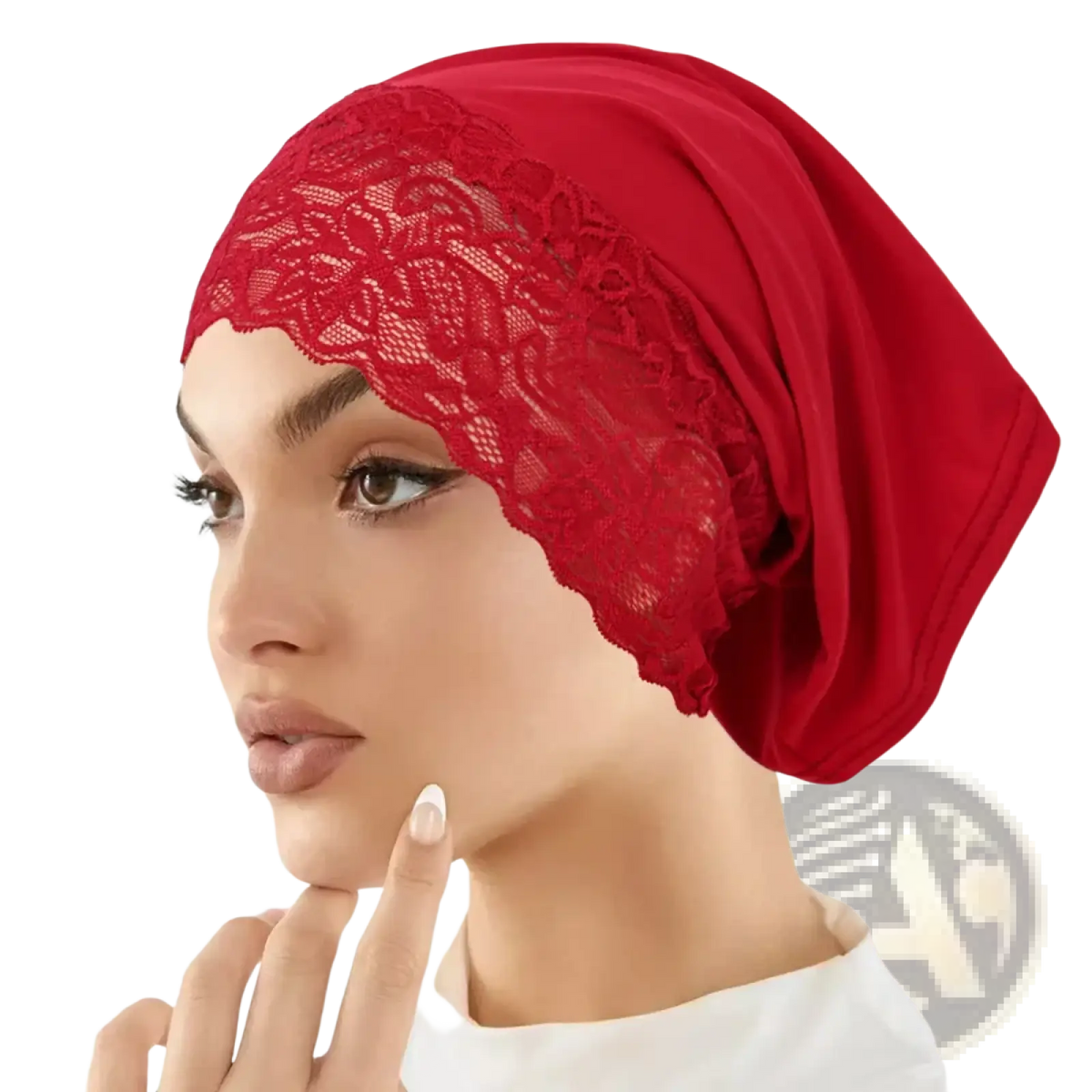 Red lace-trimmed Malaysian lace hijab cap with soft flowing fabric and delicate floral embroidery for breathable comfort