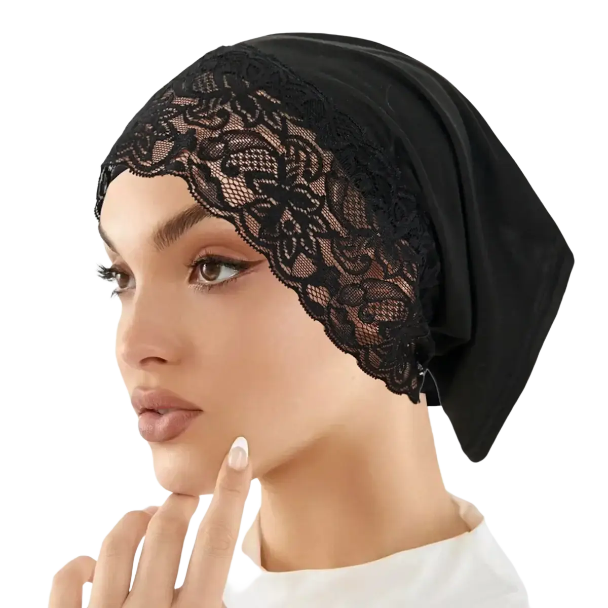 Black satin malaysian lace hijab cap with intricate lace trim breathable undercap for comfortable wear