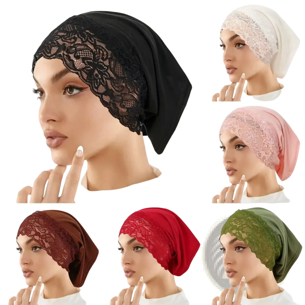 Black lace-trimmed malaysian lace hijab cap with breathable soft flowing fabric and delicate floral embroidery