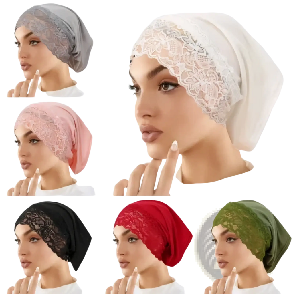 A delicate white Malaysian lace hijab cap featuring breathable fabric and intricate floral embroidery undercap