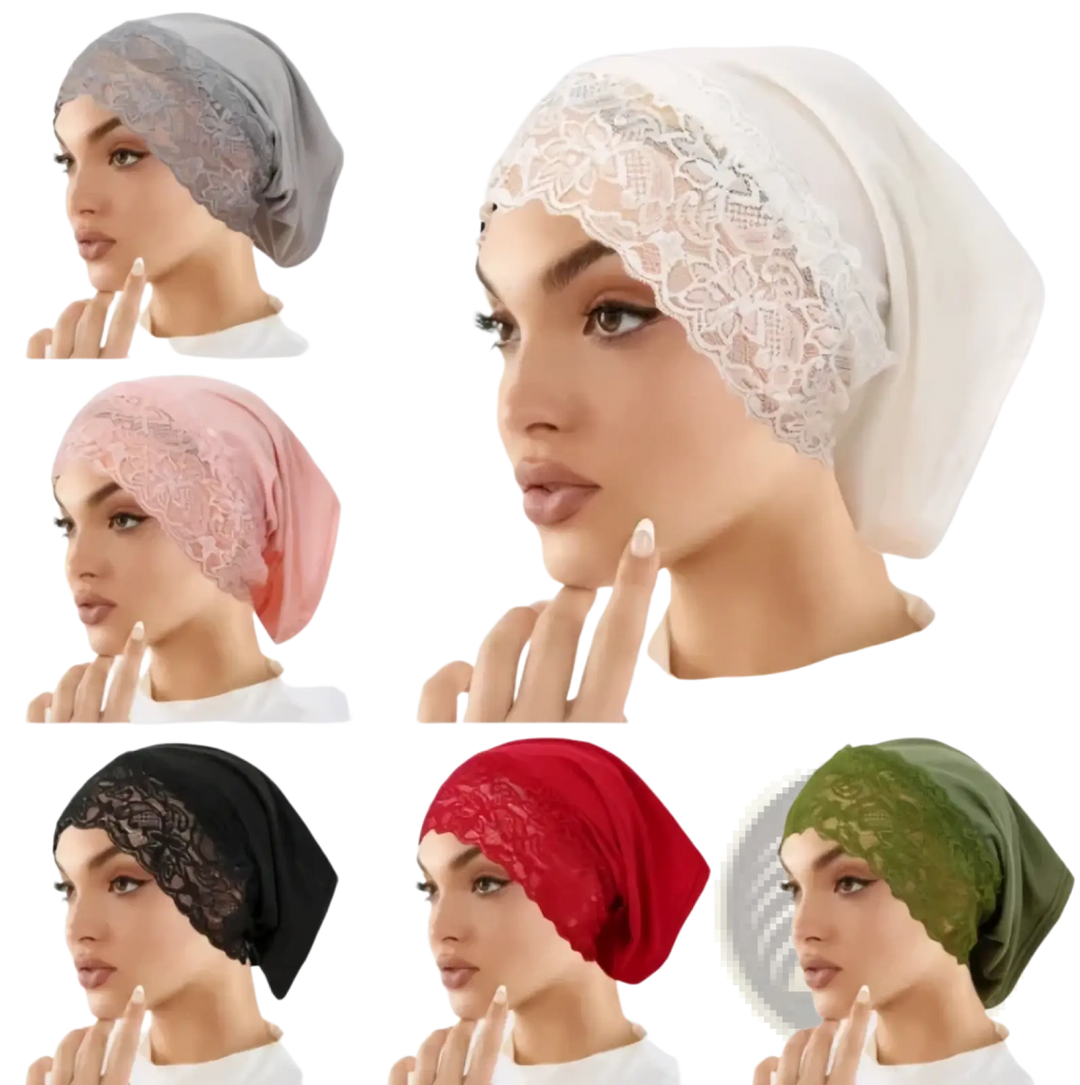 A delicate white Malaysian lace hijab cap featuring breathable fabric and intricate floral embroidery undercap