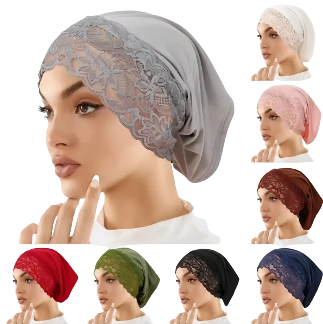 Gray lace headscarf with delicate floral embroidery made of soft flowing fabric for breathable Malaysian lace hijab cap undercap