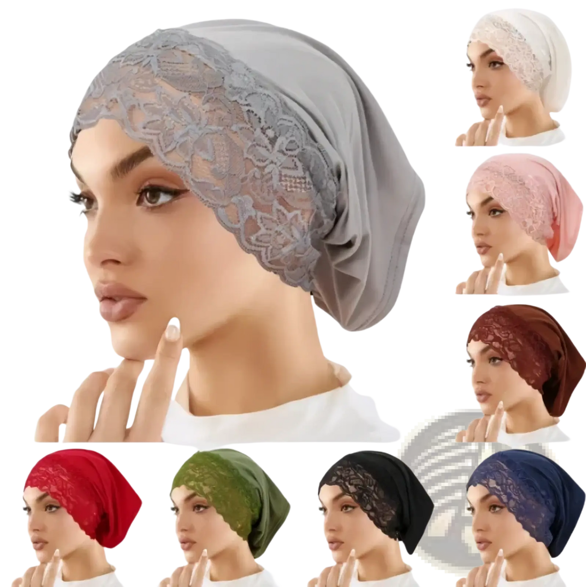 Gray lace headscarf with delicate floral embroidery made of soft flowing fabric for breathable Malaysian lace hijab cap undercap