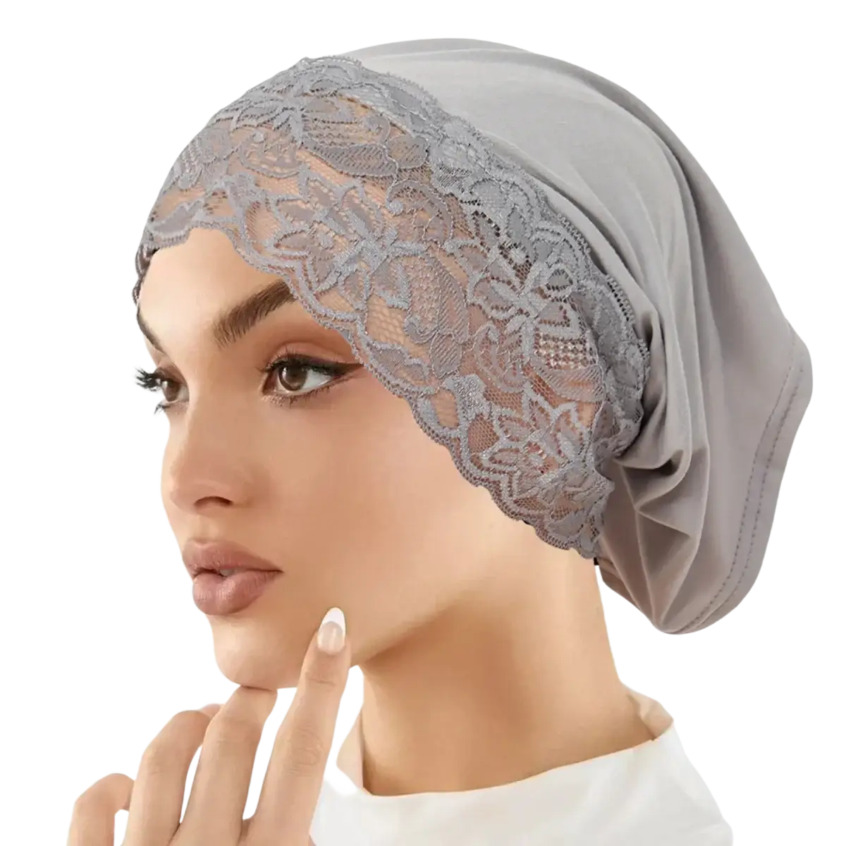 Gray lace-trimmed malaysian lace hijab cap breathable undercap with soft flowing fabric and delicate floral embroidery
