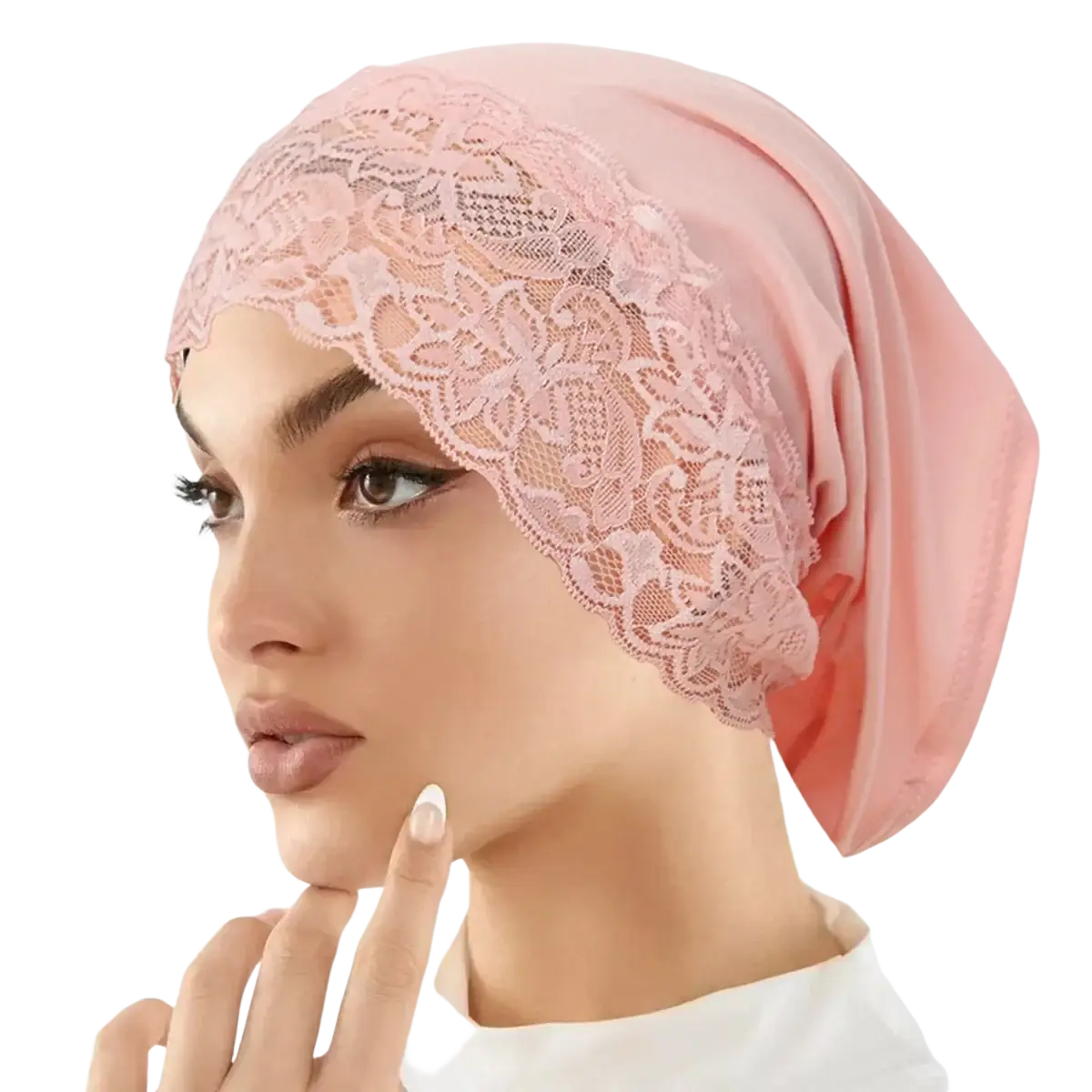 A soft pink satin Malaysian lace hijab cap with breathable floral lace trim along the edge