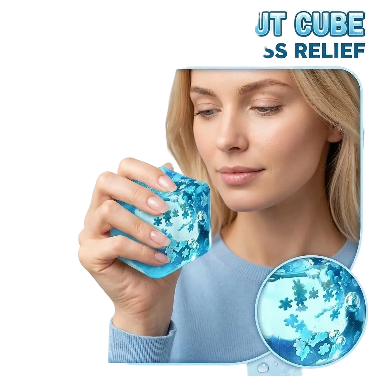 A translucent blue malt sugar stress relief squeeze toy cube filled with swirling snowflake shaped gel beads