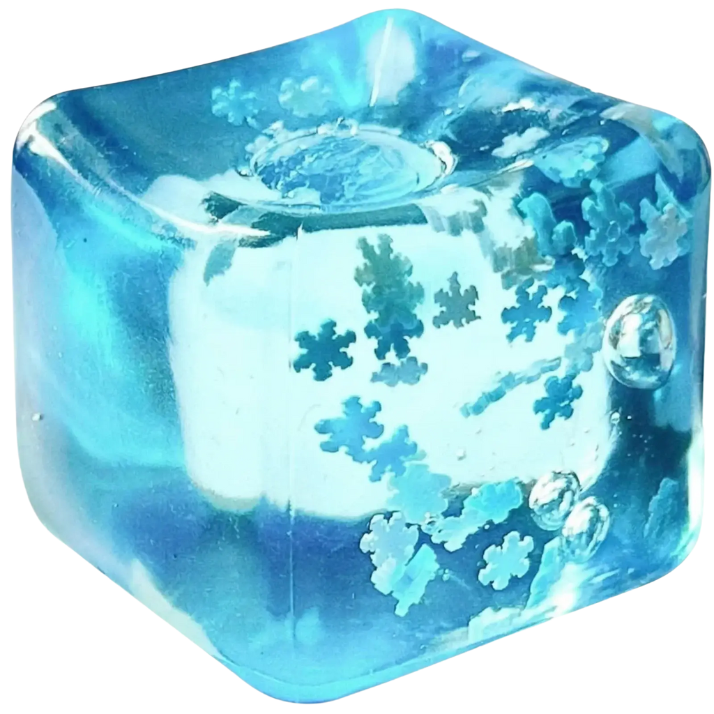 A translucent blue malt sugar stress relief squeeze toy cube filled with floating snowflake resin pieces and bubbles