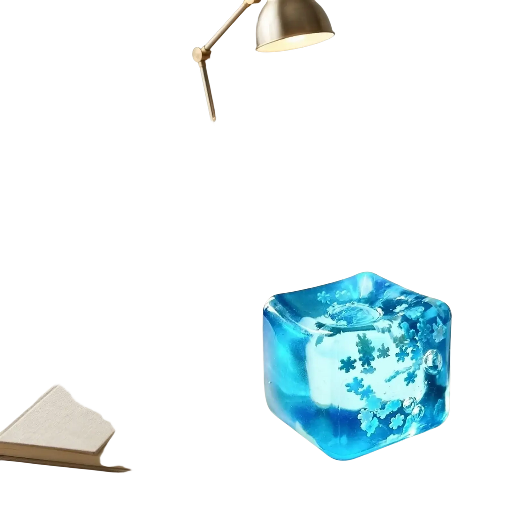 Translucent blue cube malt sugar stress relief squeeze toy with embedded floral patterns and glowing interior