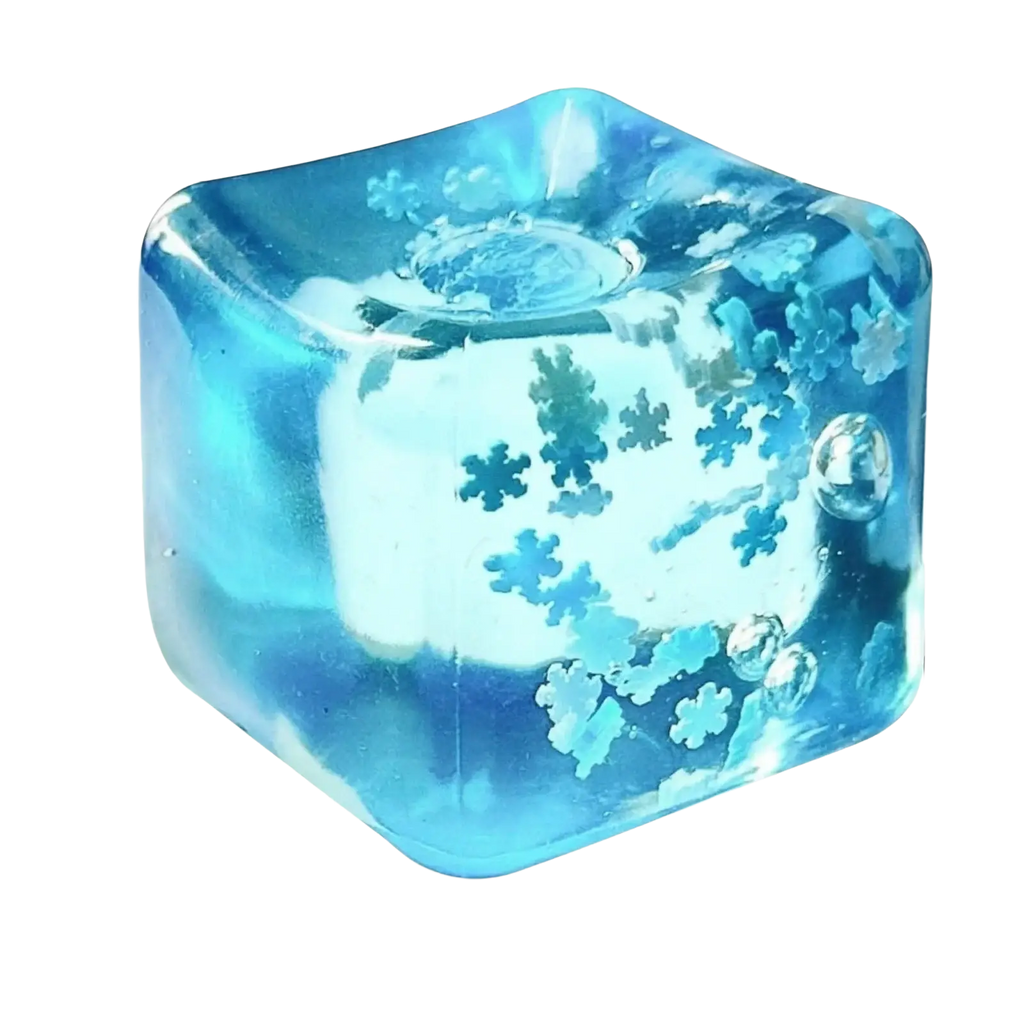 Translucent blue malt sugar stress relief squeeze toy ice pack with embedded snowflake designs and silver spheres