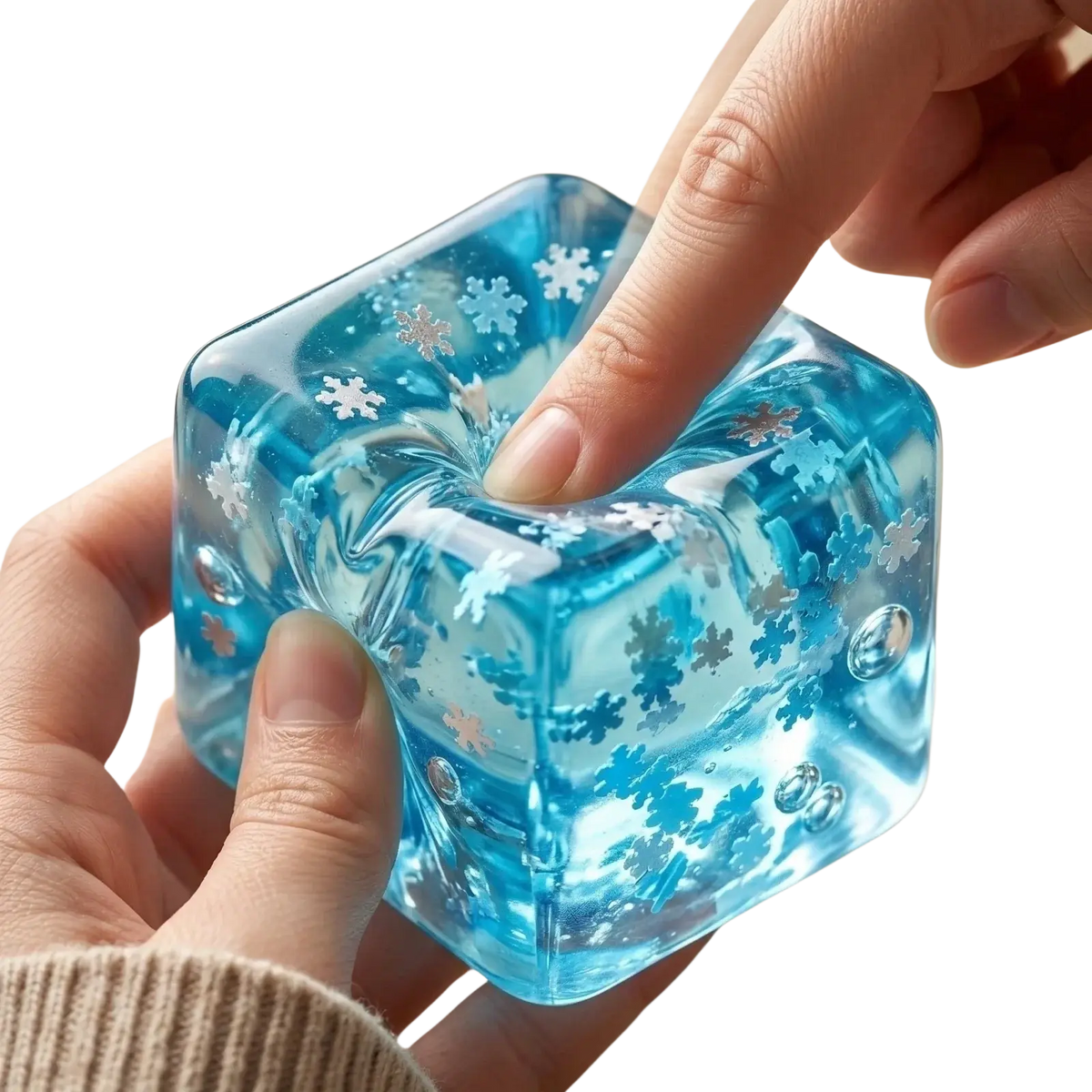 Malt sugar stress relief squeeze toy is a translucent blue cube with silver snowflake patterns and small bubbles