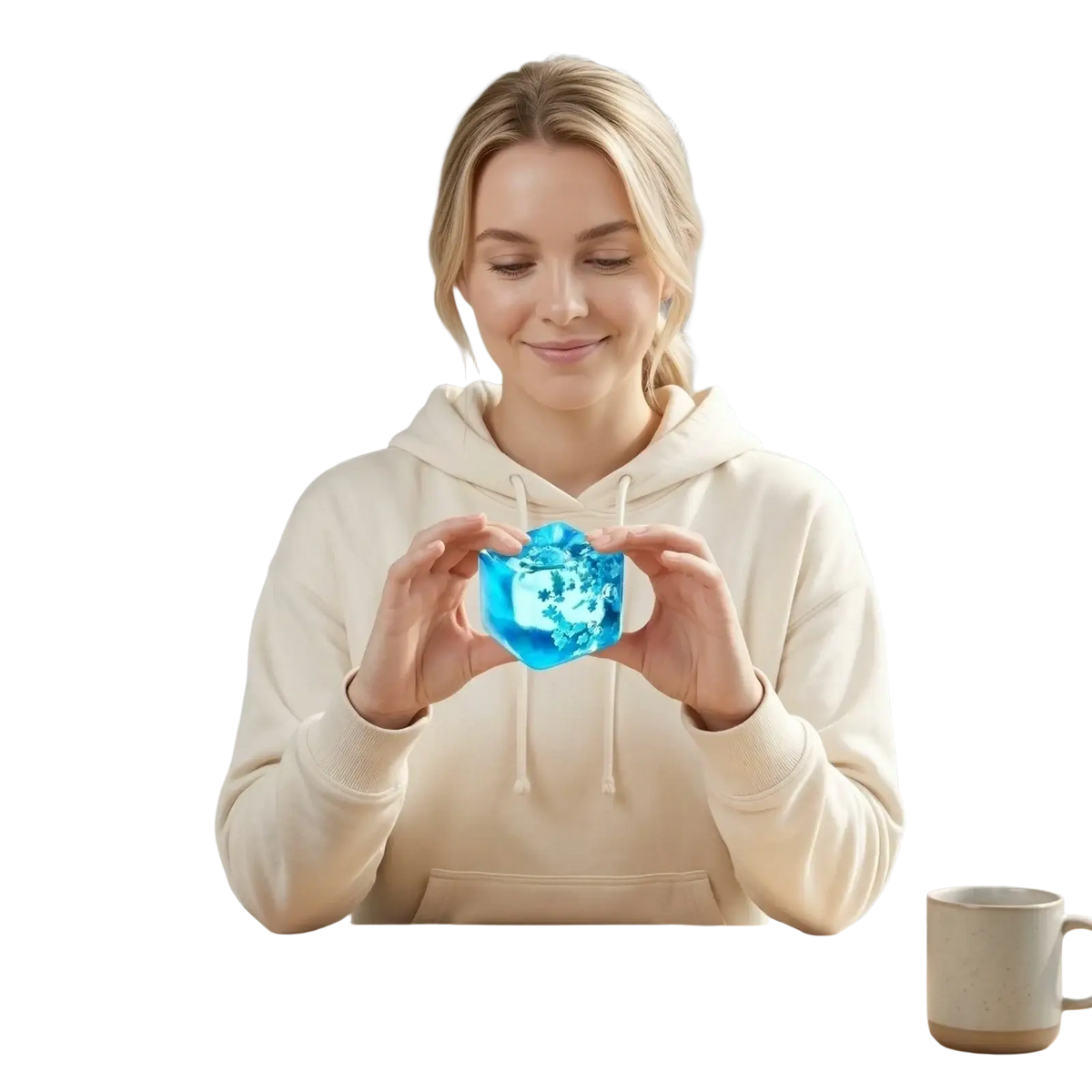 A translucent blue malt sugar stress relief gel cooling pack shaped like a heart with ice-like water drop patterns