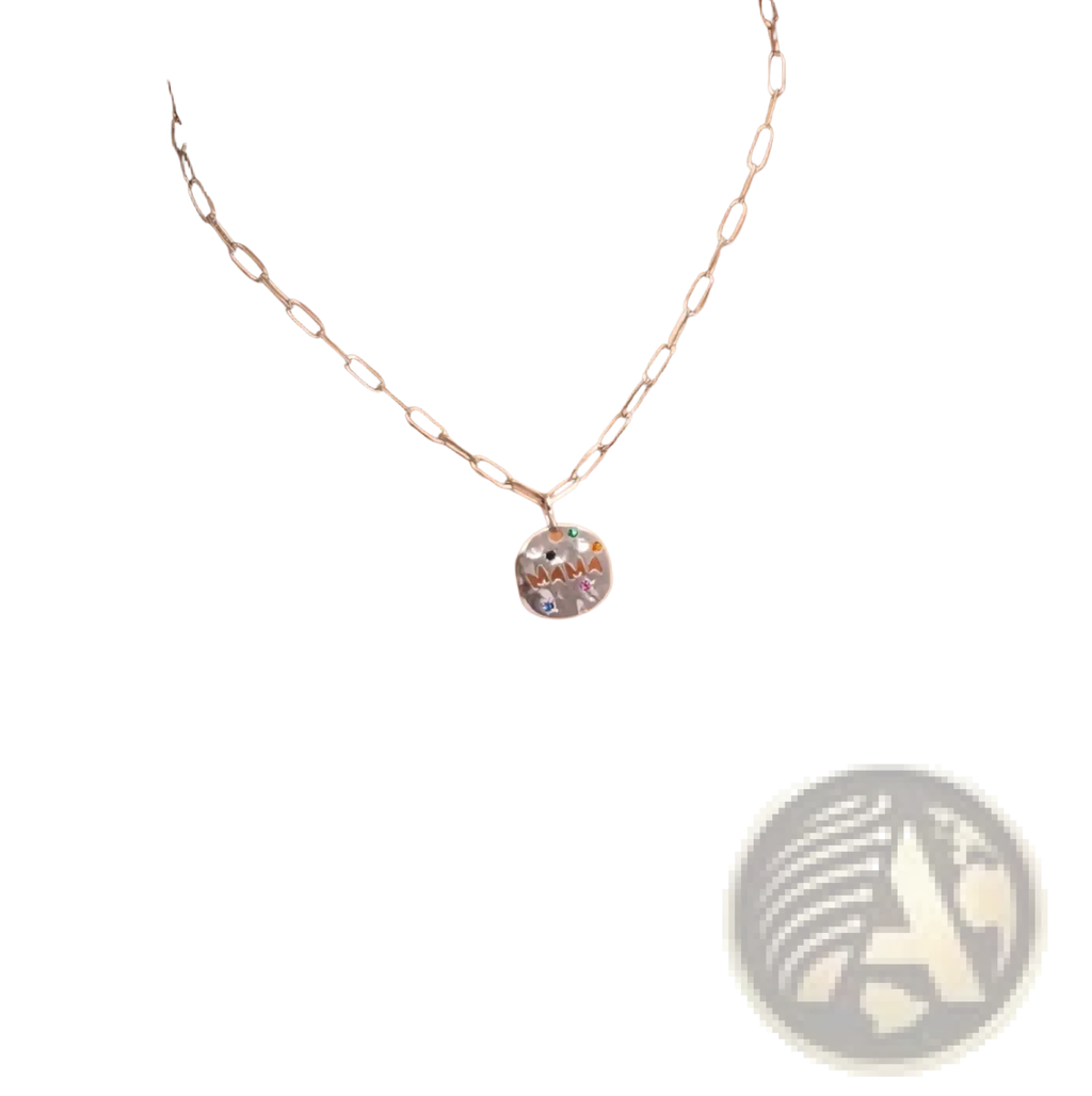 Silver stainless steel mama gemstone pendant necklace with round colorful gemstone-embedded intricate design