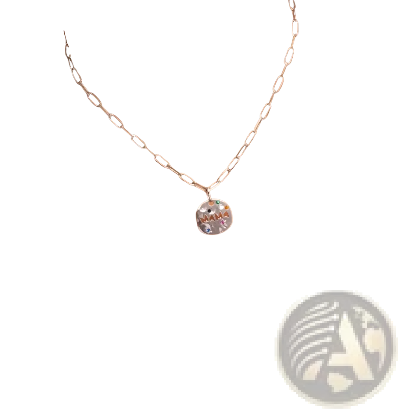 Silver stainless steel mama gemstone pendant necklace with round colorful gemstone-embedded intricate design