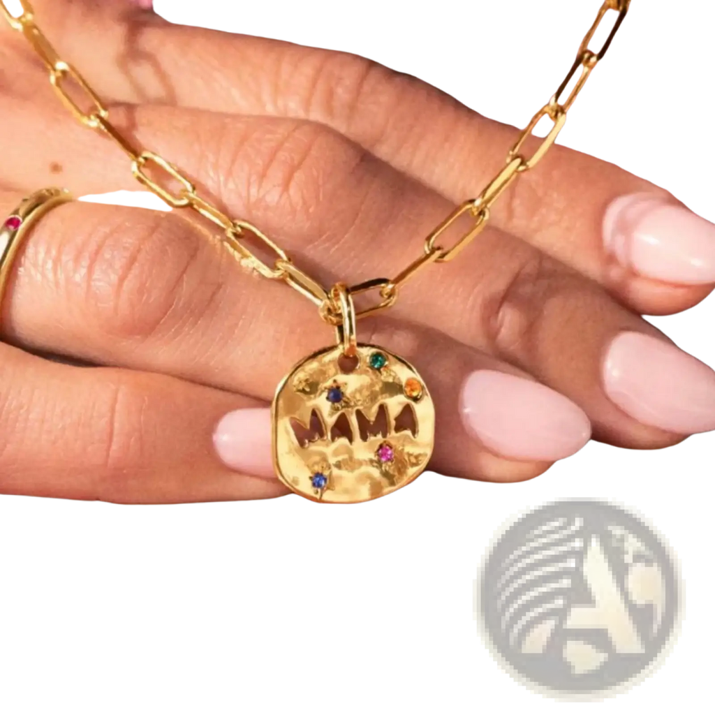 Gold-colored stainless steel mama pendant necklace with textured round pendant and colorful gemstones accents