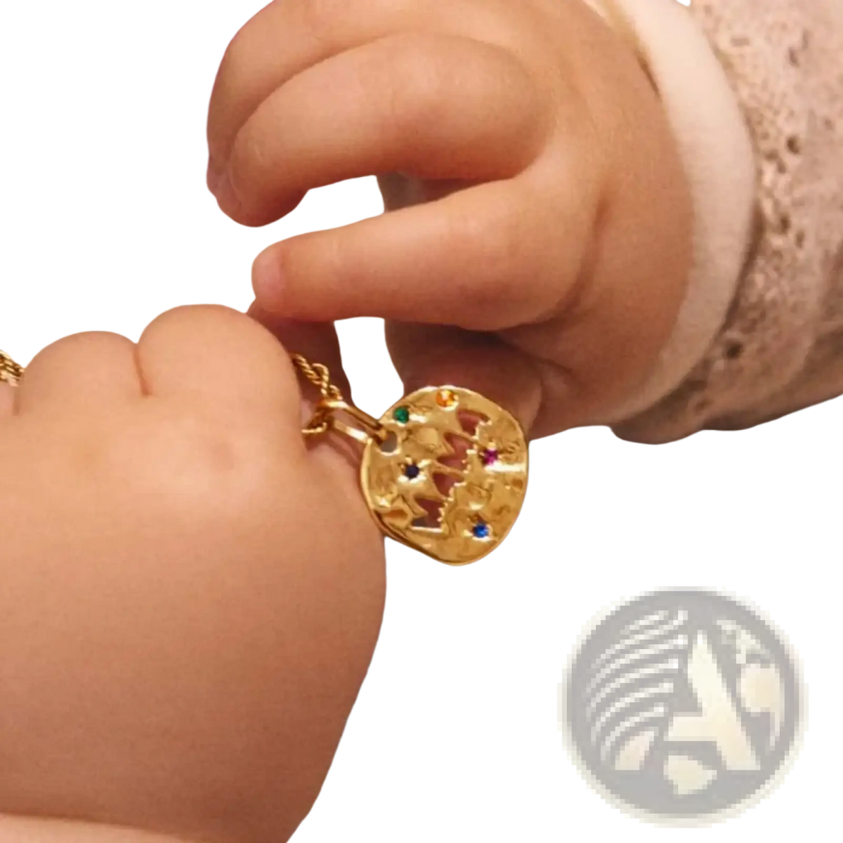 Mama gemstone pendant stainless steel necklace gold circular design with multicolored gemstones held by small hands