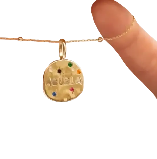 Gold-colored circular mama gemstone pendant necklace in stainless steel with colorful gemstones and engraved Augusta text