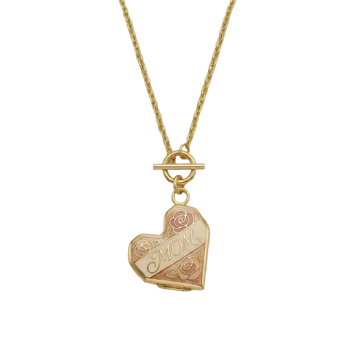Gold-toned stainless steel heart-shaped mama gemstone pendant necklace with engraved mom and rose designs and toggle clasp