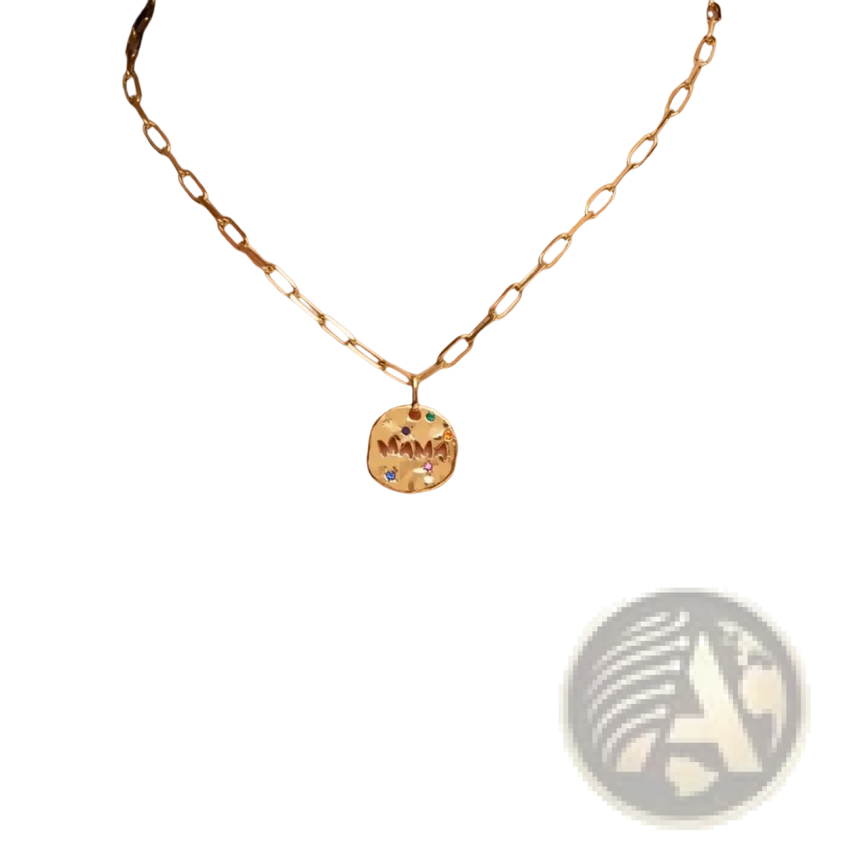 Gold-toned stainless steel paperclip chain necklace with a mama engraved disc pendant and colorful gemstones