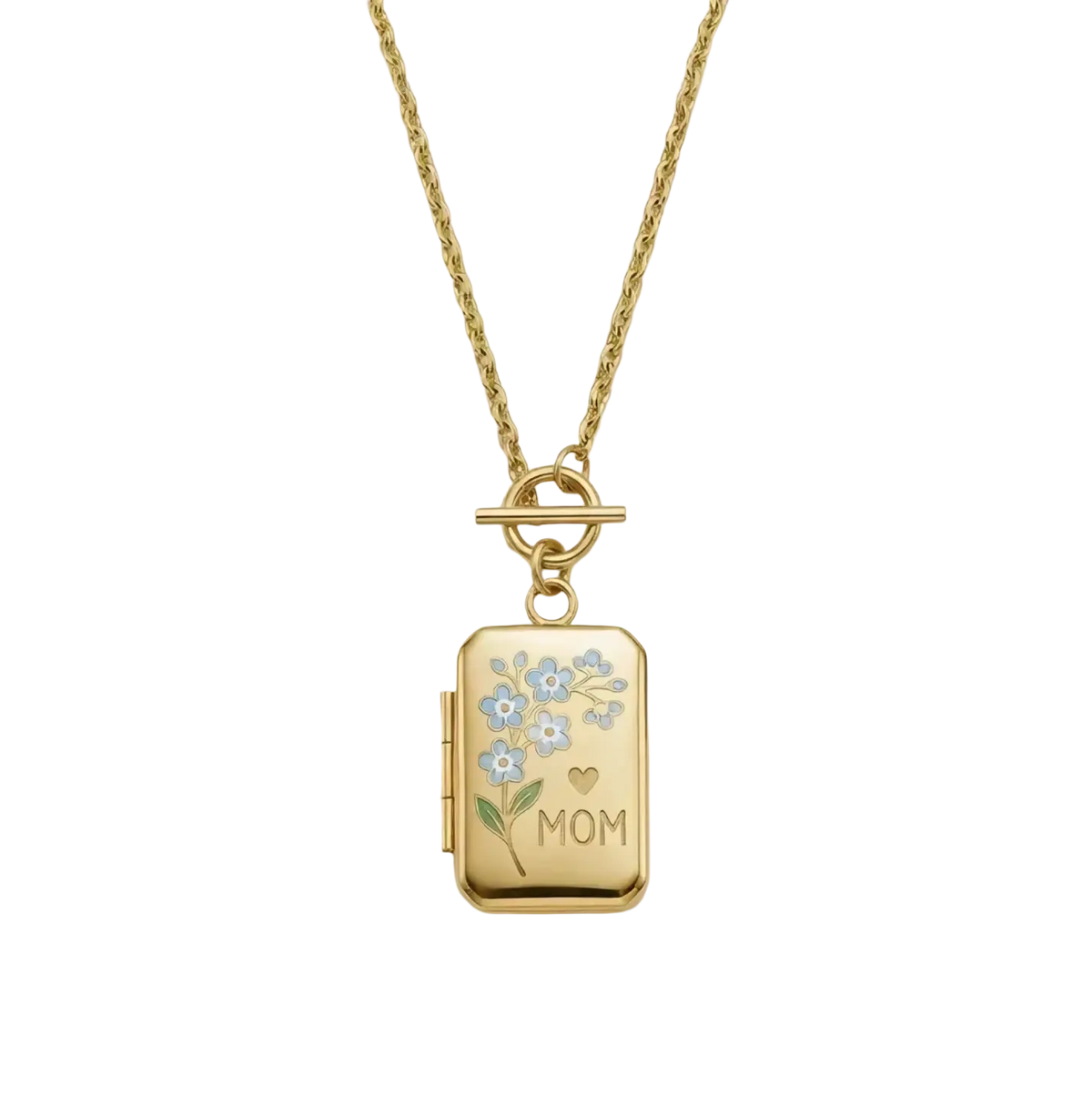 Gold-toned stainless steel mama gemstone pendant necklace with blue forget-me-not flowers and engraved mom heart charm