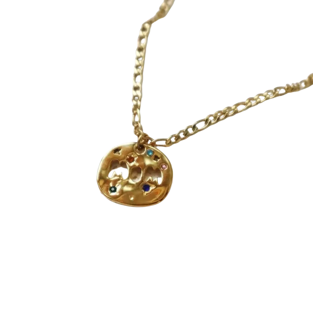 Gold-toned mama gemstone pendant stainless steel necklace with round textured pendant and colorful cut-out gemstones