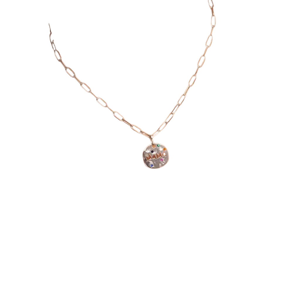 Silver chain mama gemstone pendant necklace with round colorful gemstone and intricate design in stainless steel