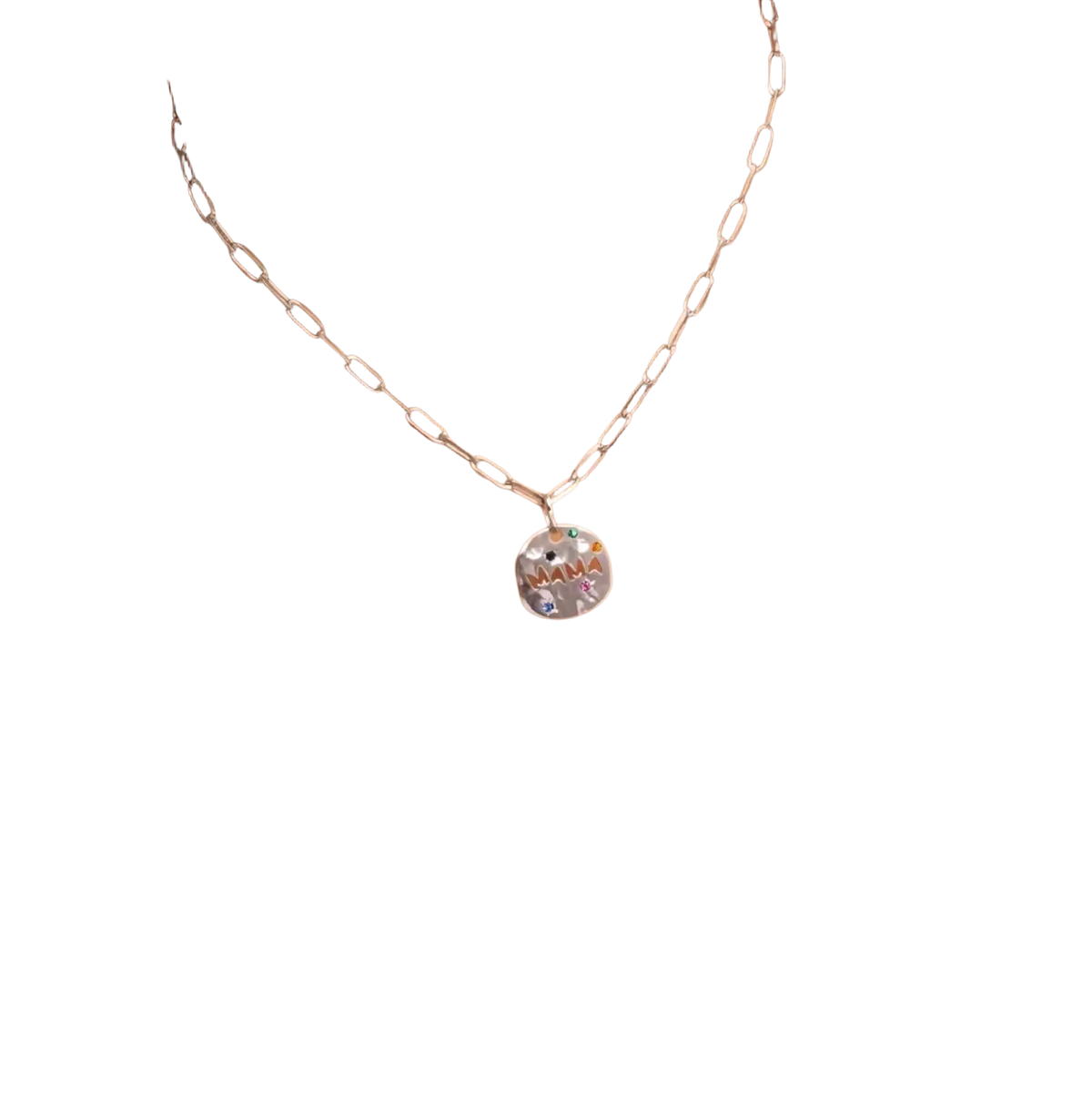 Silver stainless steel mama gemstone pendant necklace with round colorful gemstone-embedded intricate design
