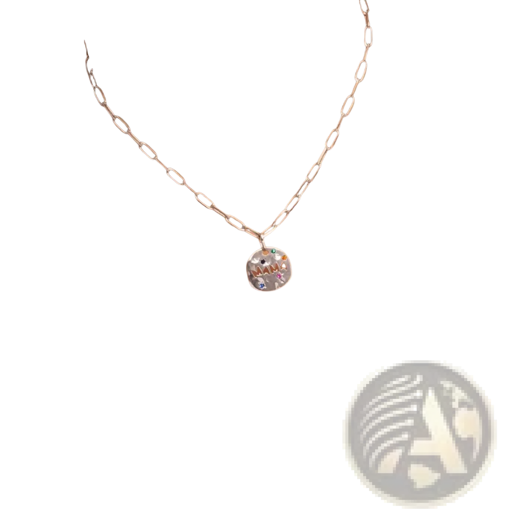 Silver chain mama gemstone pendant necklace with round colorful gemstone and intricate design in stainless steel