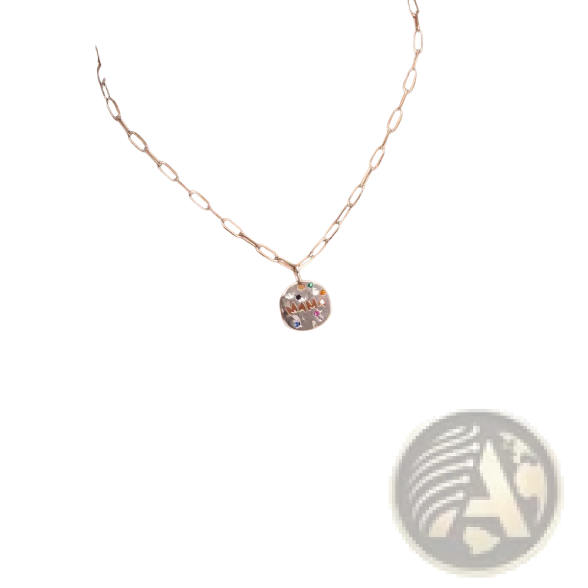 Silver chain mama gemstone pendant necklace with round colorful gemstone and intricate design in stainless steel