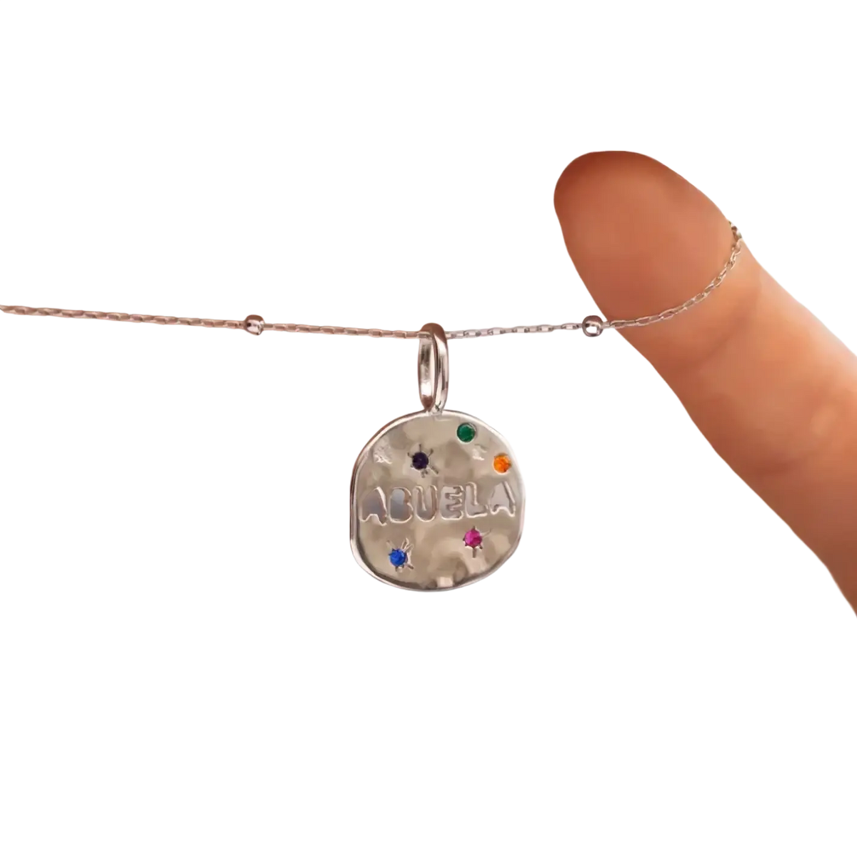 Mama gemstone pendant stainless steel necklace with a silver hammered disc engraved acuella and colorful gemstones