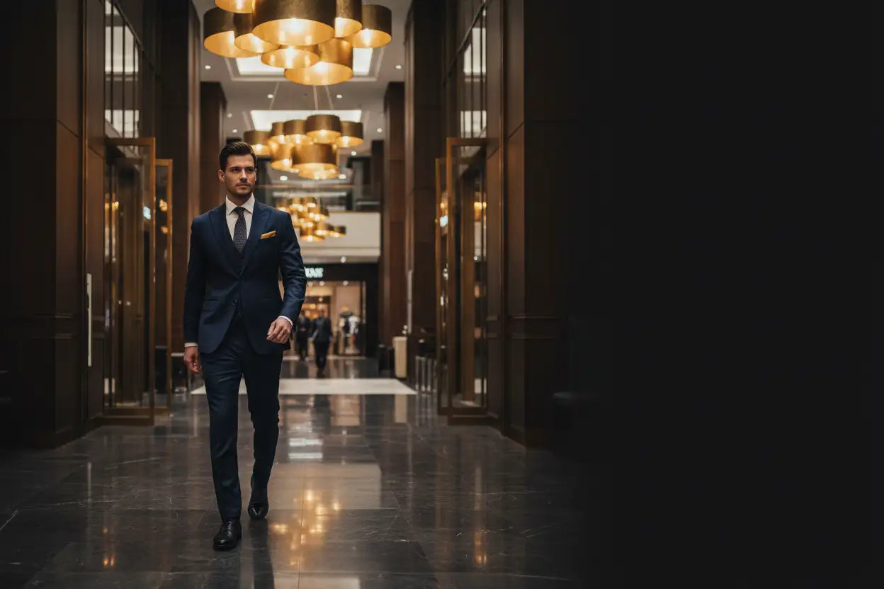A man in a sharp navy blue suit with a matching tie and black dress shoes walks down an elegant, dimly lit hotel corridor.