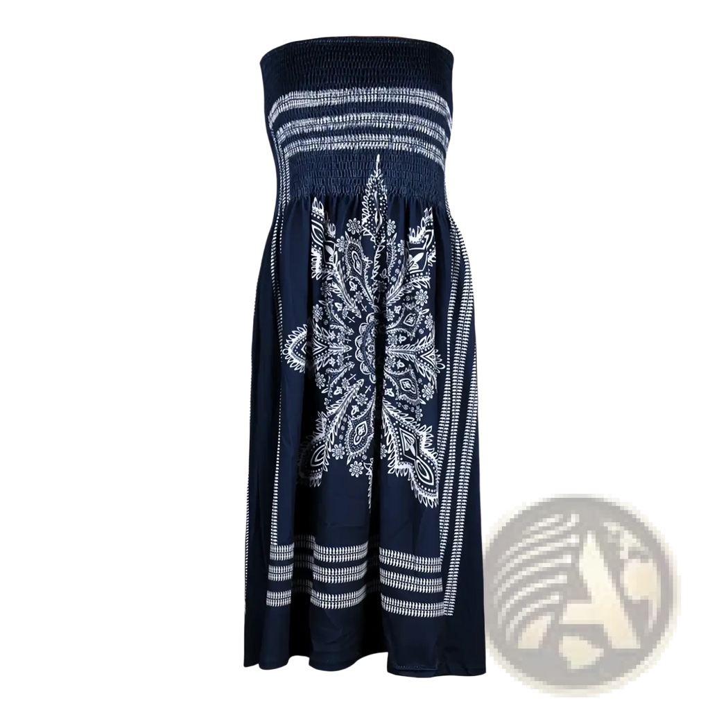 Navy blue strapless maxi summer dress with white embroidered paisley and striped mandala patterns
