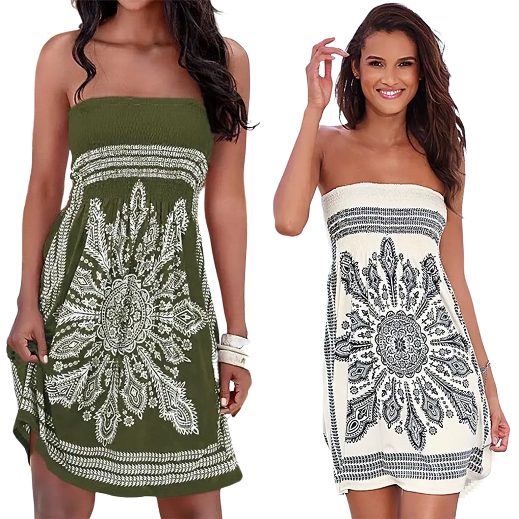 Olive green and cream strapless summer dress with intricate white and black embroidered mandala patterns