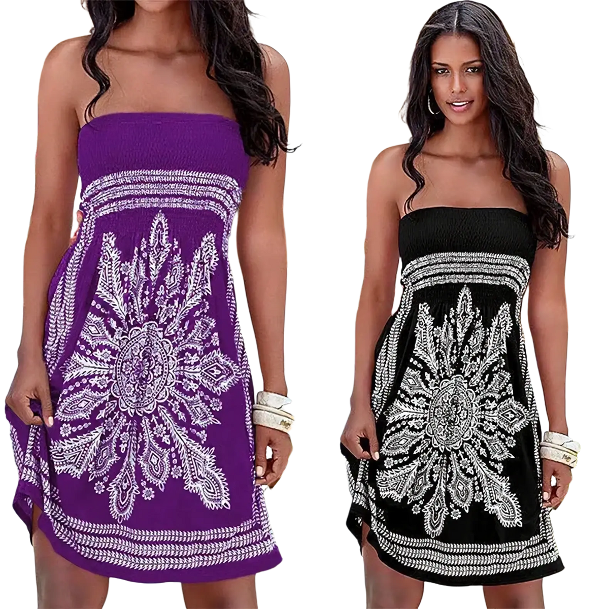 Purple and black strapless summer dresses with intricate white embroidered mandala patterns perfect for warm weather wear