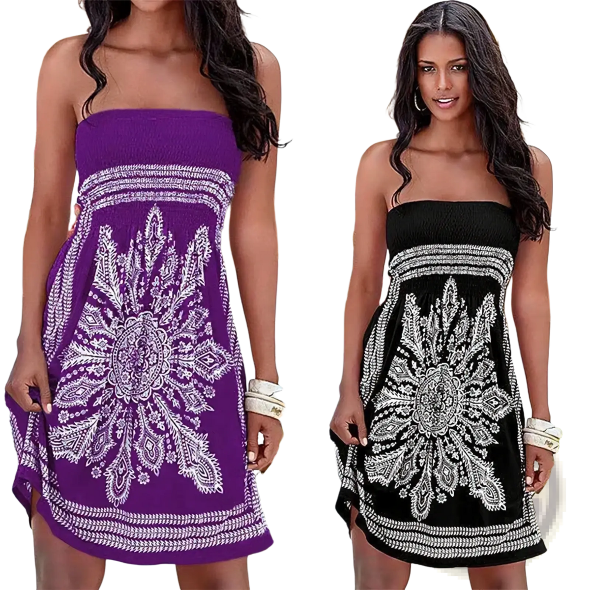 Purple and black strapless summer dresses with intricate white embroidered mandala patterns perfect for warm weather wear