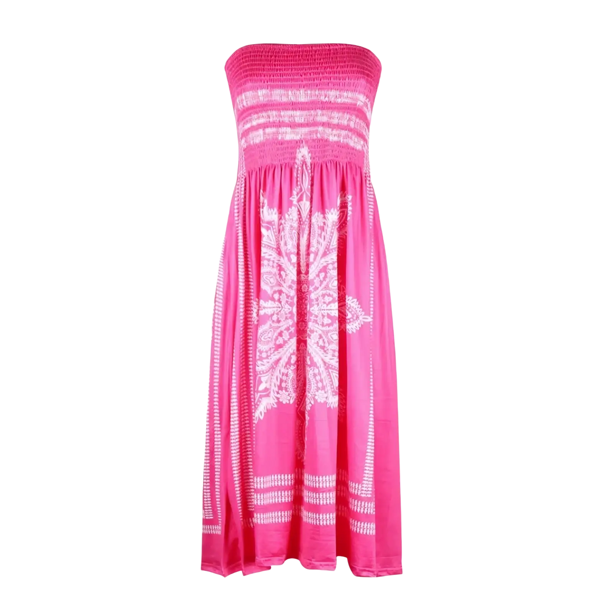 A vibrant pink strapless maxi dress with white embroidered floral pattern and subtle horizontal stripes for summer