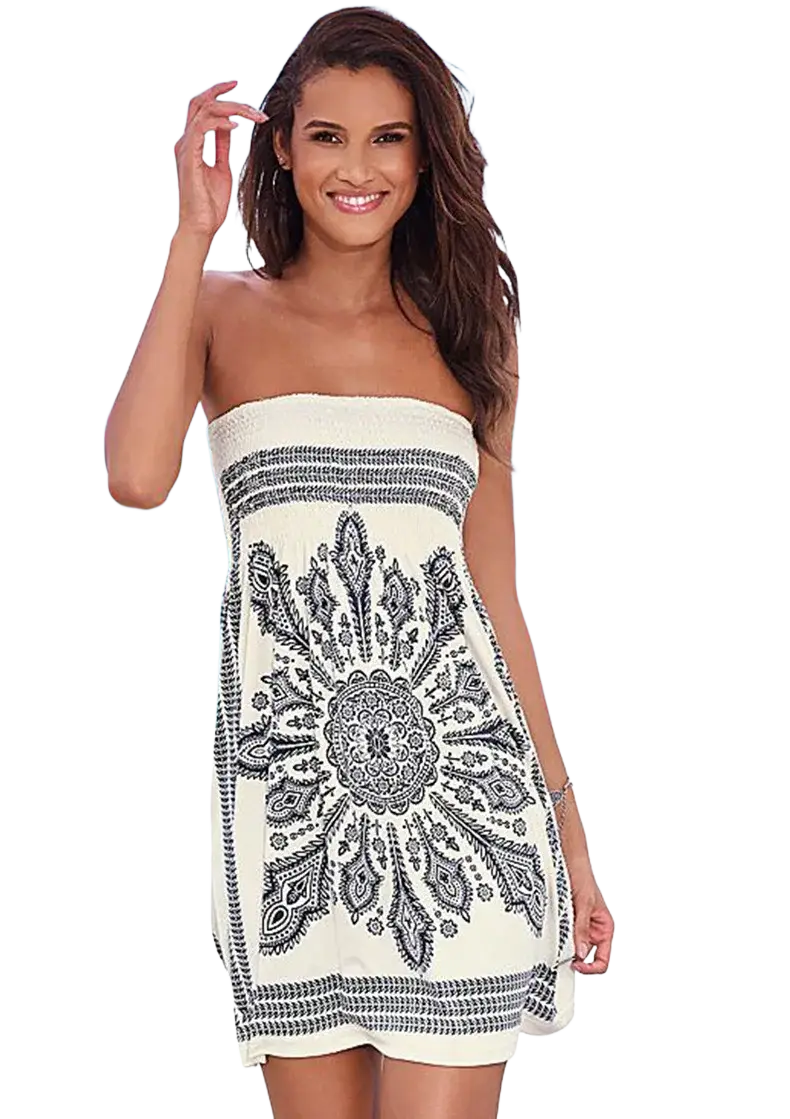 Off-white strapless summer dress featuring black and gray mandala embroidery with decorative border stripes