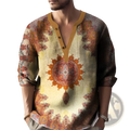A man wearing a mandala print linen v neck men shirt with orange and beige intricate mandala pattern on textured fabric