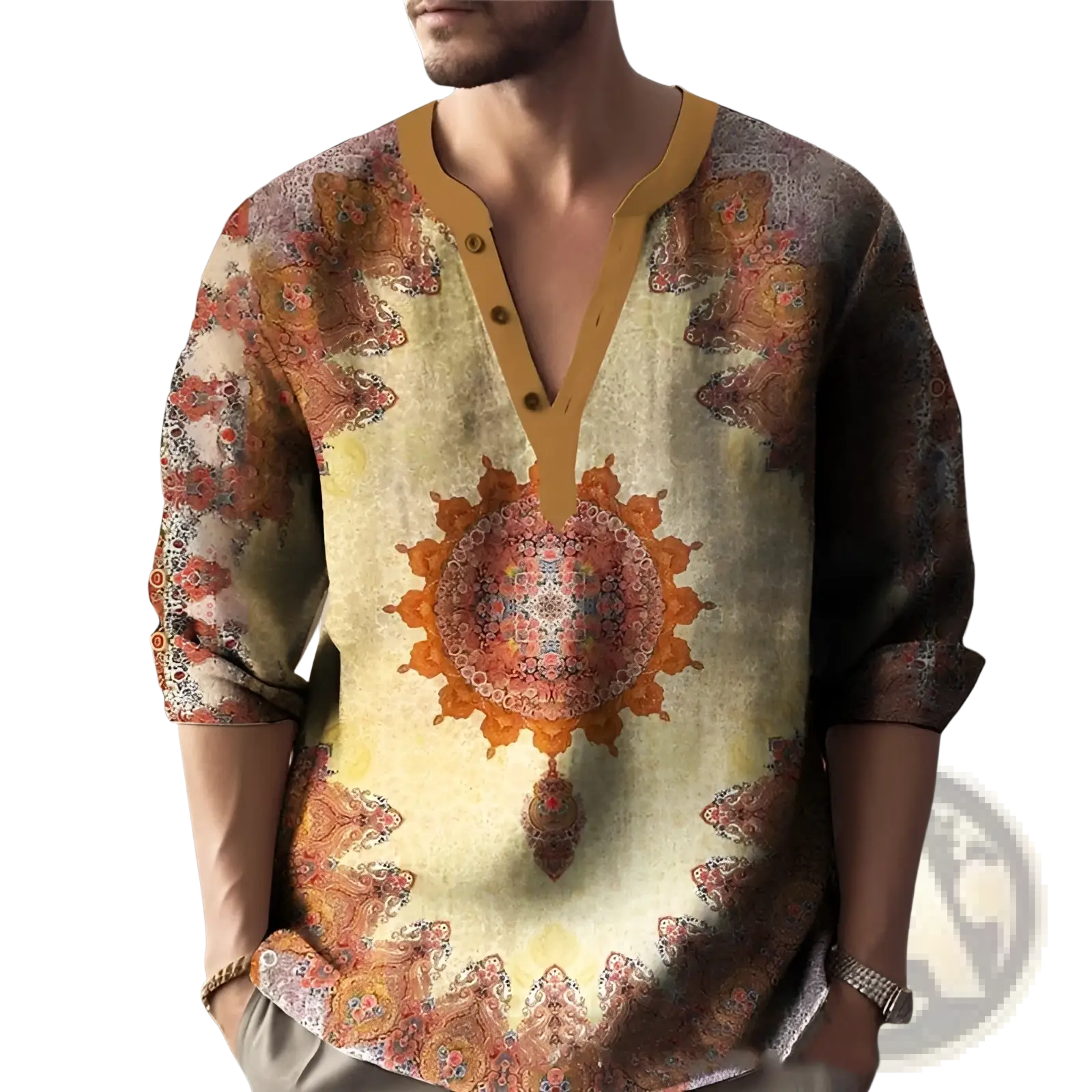 A man wearing a mandala print linen v neck men shirt with orange and beige intricate mandala pattern on textured fabric
